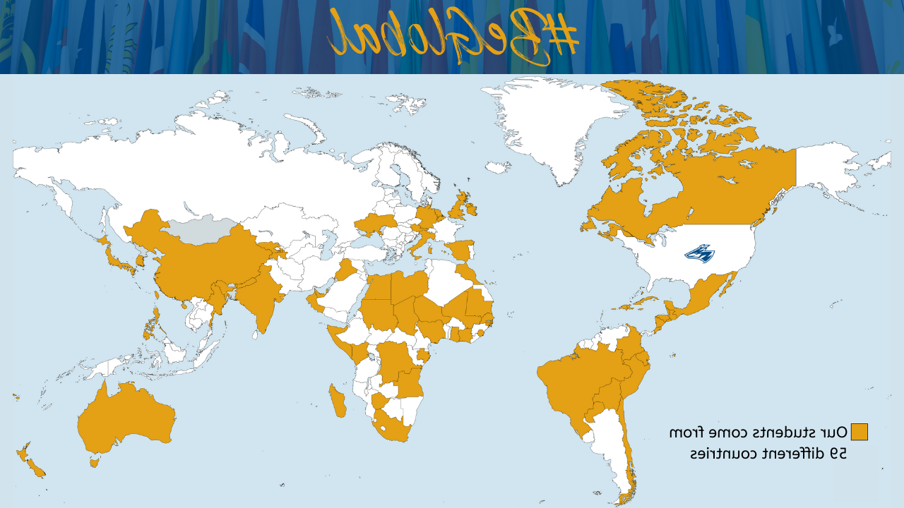 世界地图显示所有59个国家的体育菠菜大平台学生来自.  其中包括显示体育菠菜大平台学生来自所有59个国家的世界地图.  其中包括西班牙, 萨尔瓦多, 加拿大, 阿曼, 危地马拉, 韩国, 古巴, 中国。, 尼泊尔, 墨西哥, 和日本